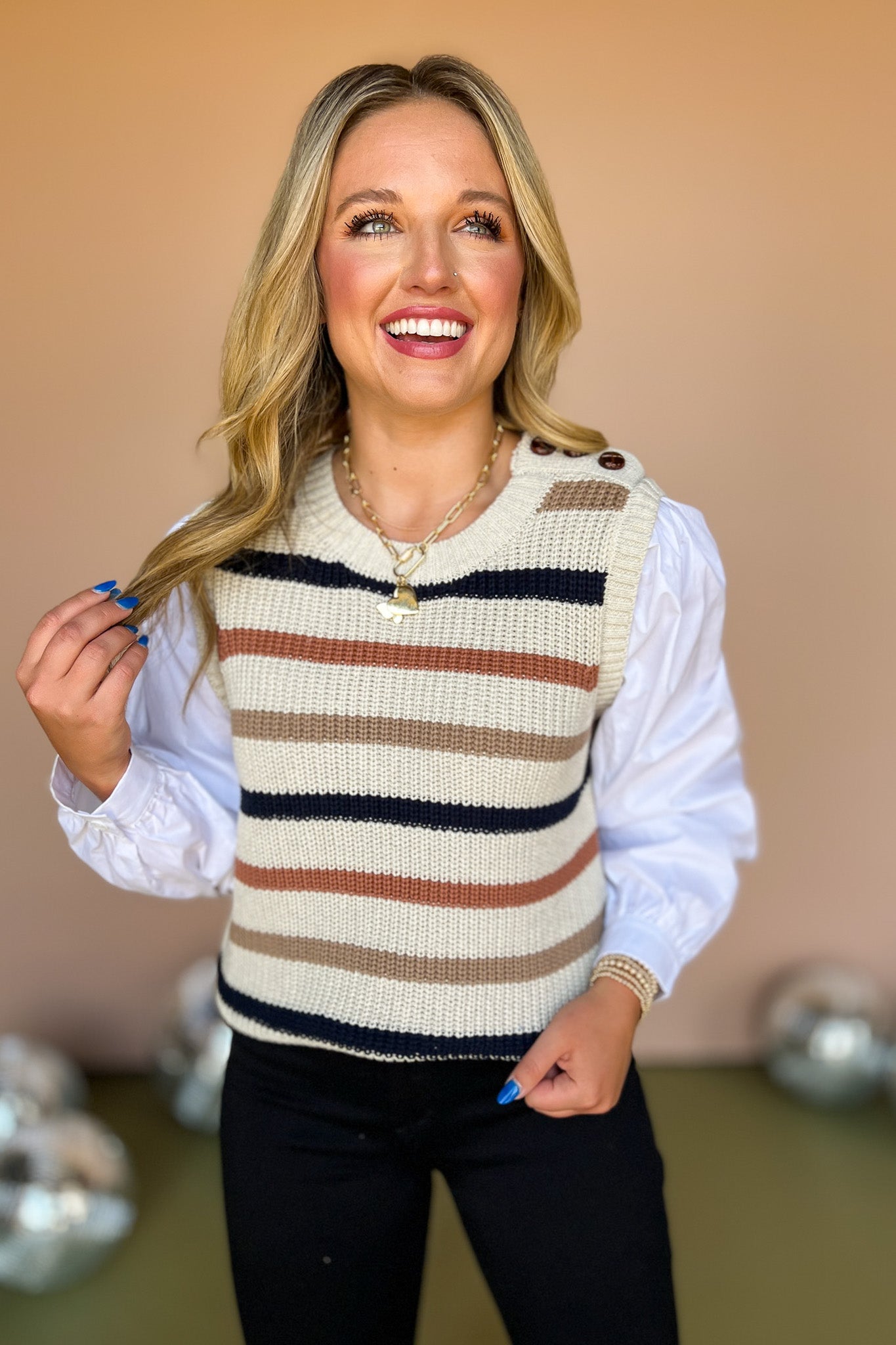 Off White Poplin Stripe Sweater Vest Twofer Top, must have top, must have style, fall style, fall fashion, elevated style, elevated top, mom style, shop style your senses by mallory fitzsimmons, ssys by mallory fitzsimmons