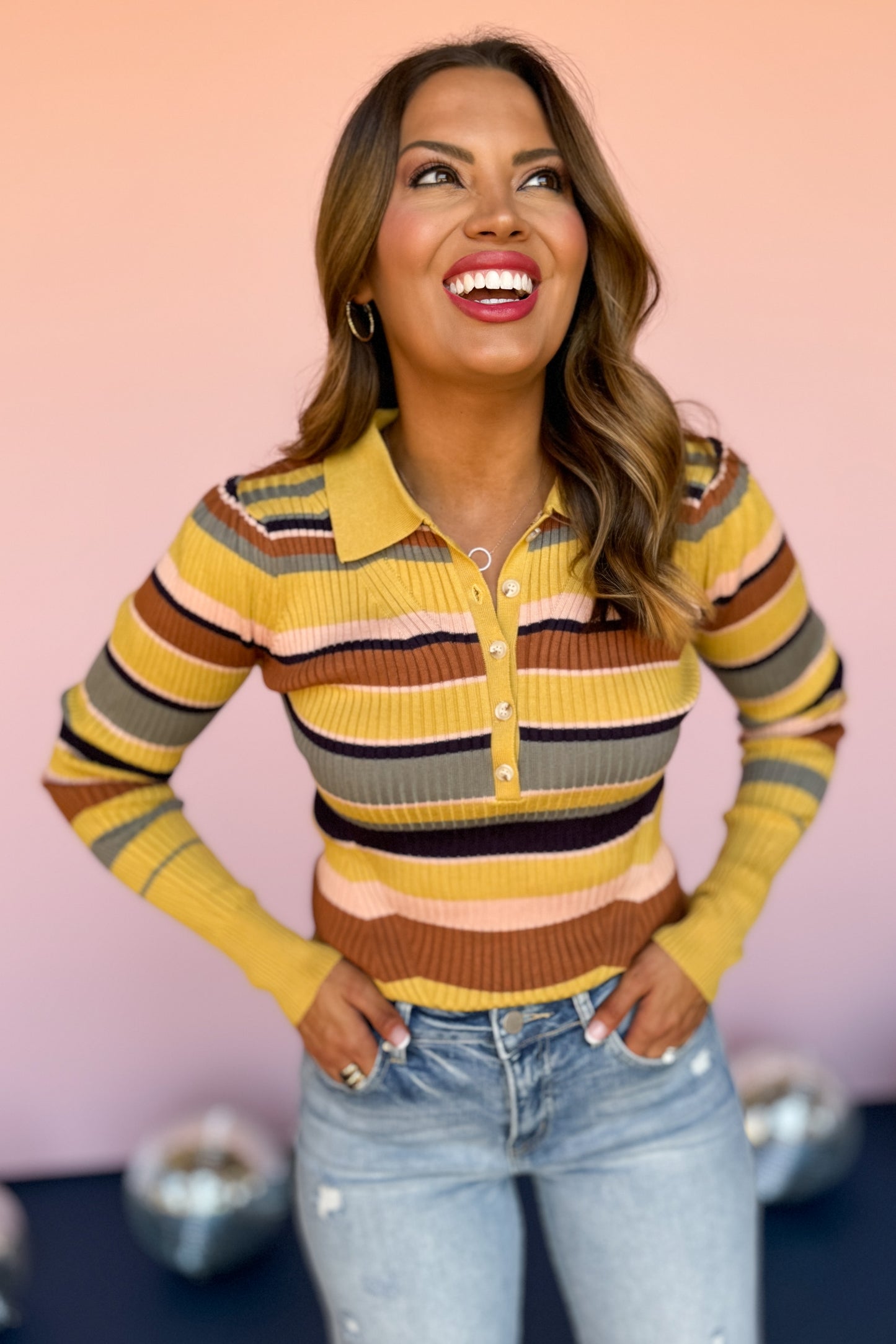 Yellow Multi Knit Stripe Collared Sweater, fall sweater, trendy sweater, stripe sweater, sweater inspo, fall sweater inspo, mustard yellow sweter, chic sweater, everyday sweater, everyday stripe fall sweater, elevated basics, SSYS by mallory fitzsimmons