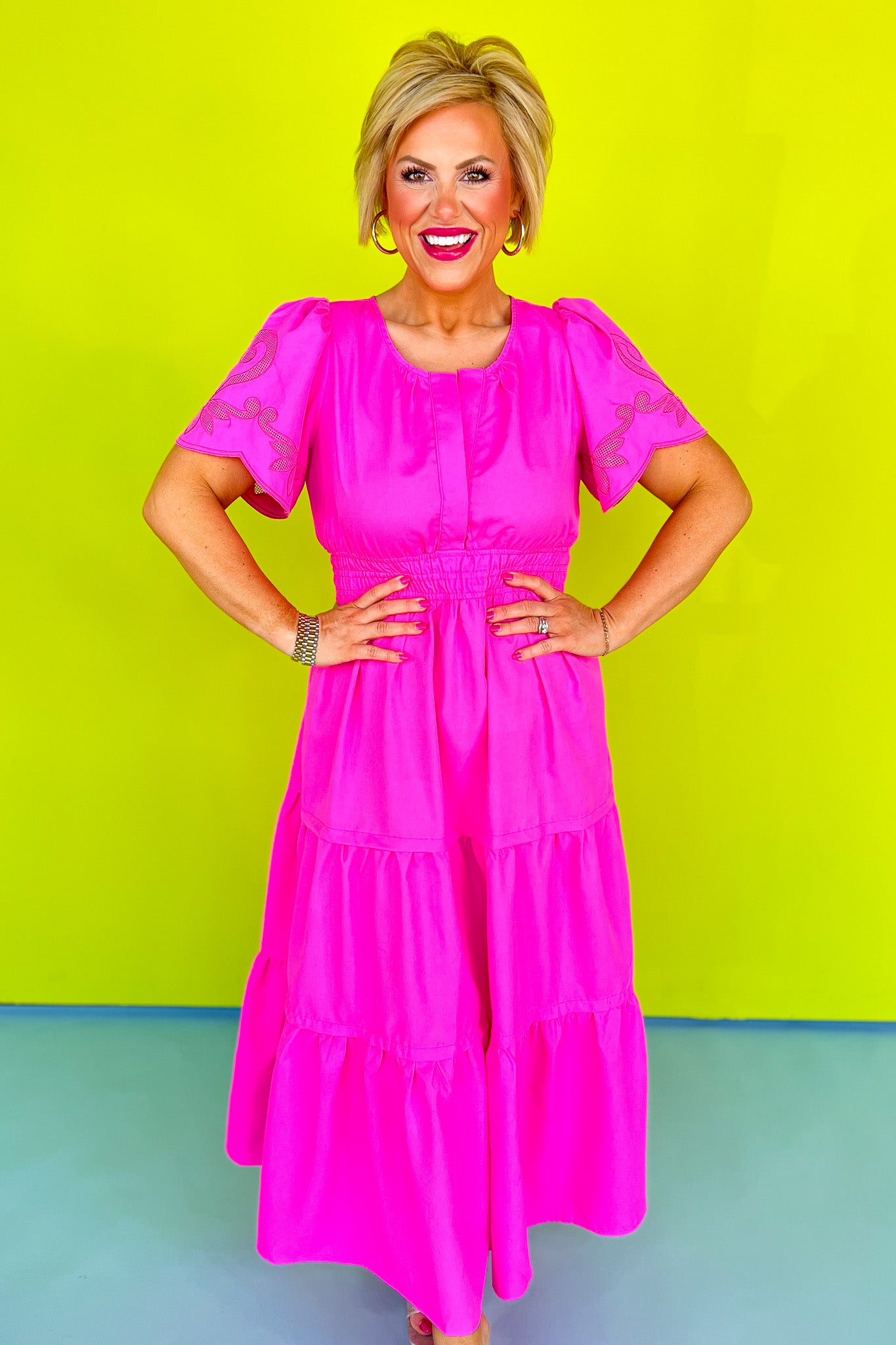 Hot Pink Embroidery Cut Out Sleeve Elastic Waist Tiered Maxi Dress, ssys by mallory fitzsimmons