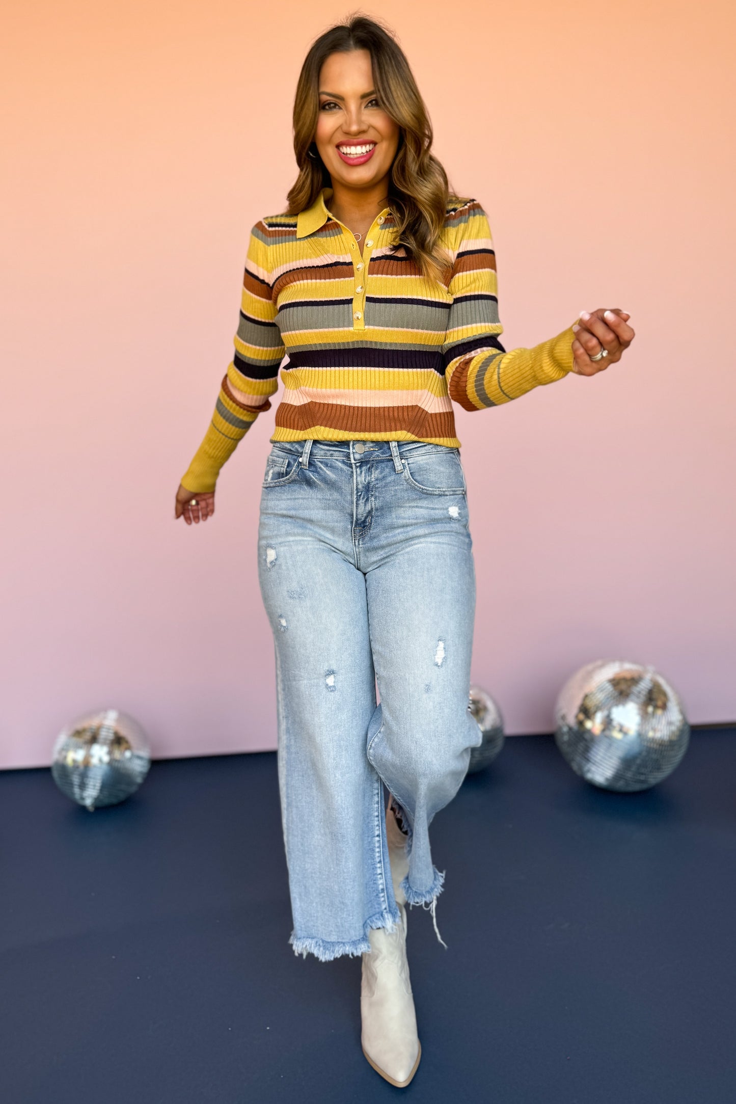 Yellow Multi Knit Stripe Collared Sweater, fall sweater, trendy sweater, stripe sweater, sweater inspo, fall sweater inspo, mustard yellow sweter, chic sweater, everyday sweater, everyday stripe fall sweater, elevated basics, SSYS by mallory fitzsimmons