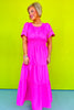 Hot Pink Embroidery Cut Out Sleeve Elastic Waist Tiered Maxi Dress, ssys by mallory fitzsimmons