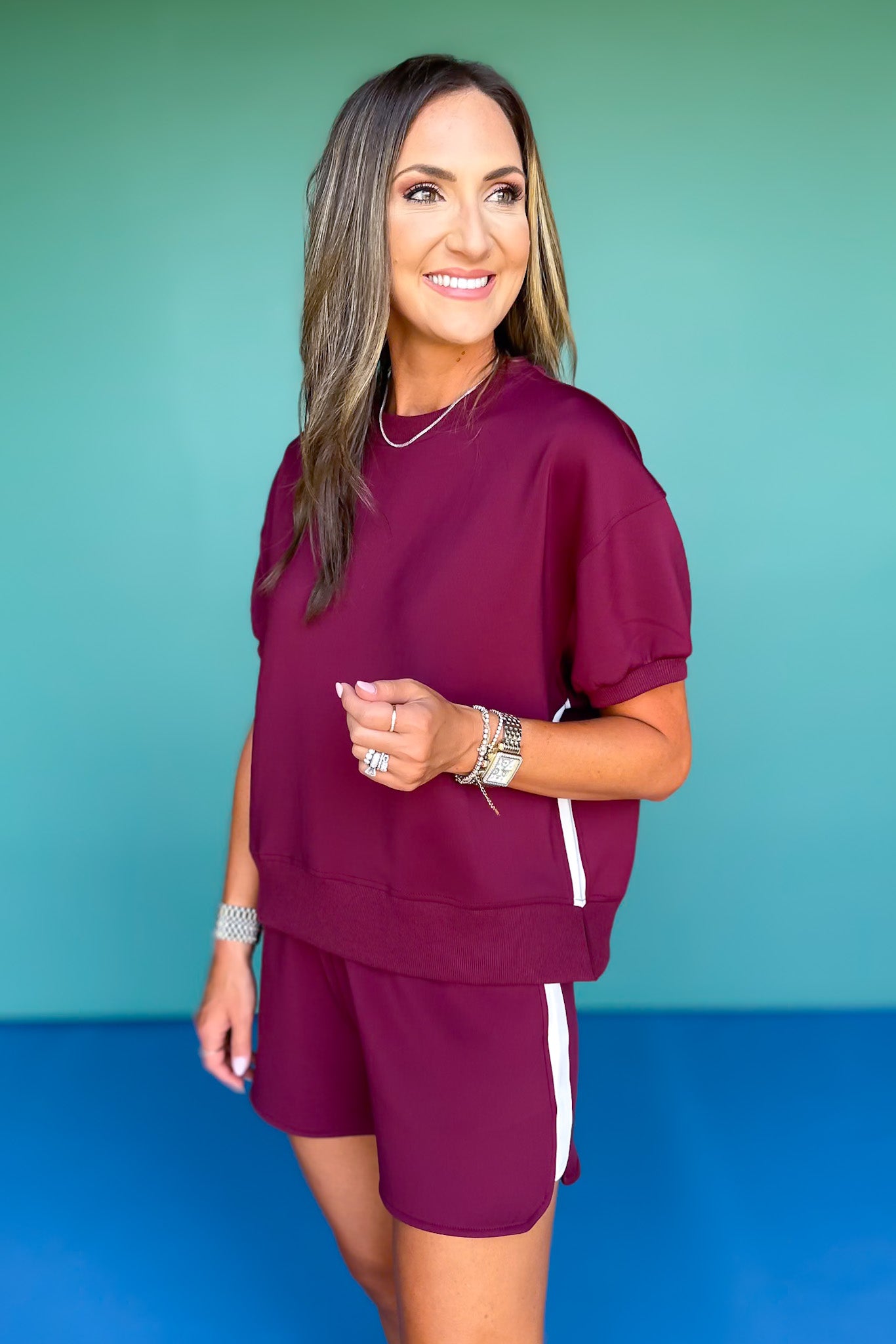 SSYS Crew Neck Scuba Inset Short Sleeve Top In Mulberry