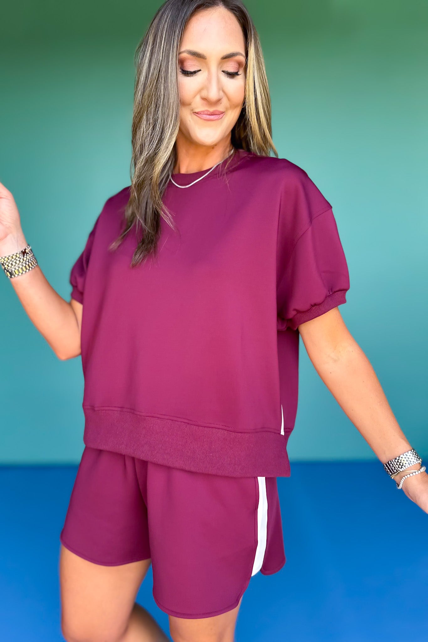 SSYS Crew Neck Scuba Inset Short Sleeve Top In Mulberry