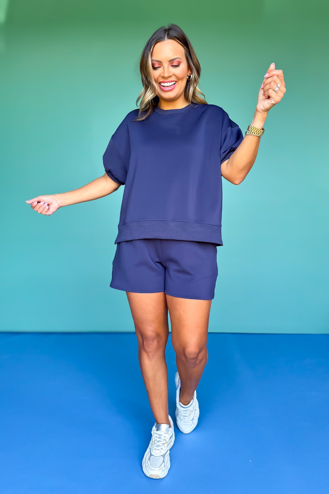 SSYS Crew Neck Scuba Inset Short Sleeve Top In Navy