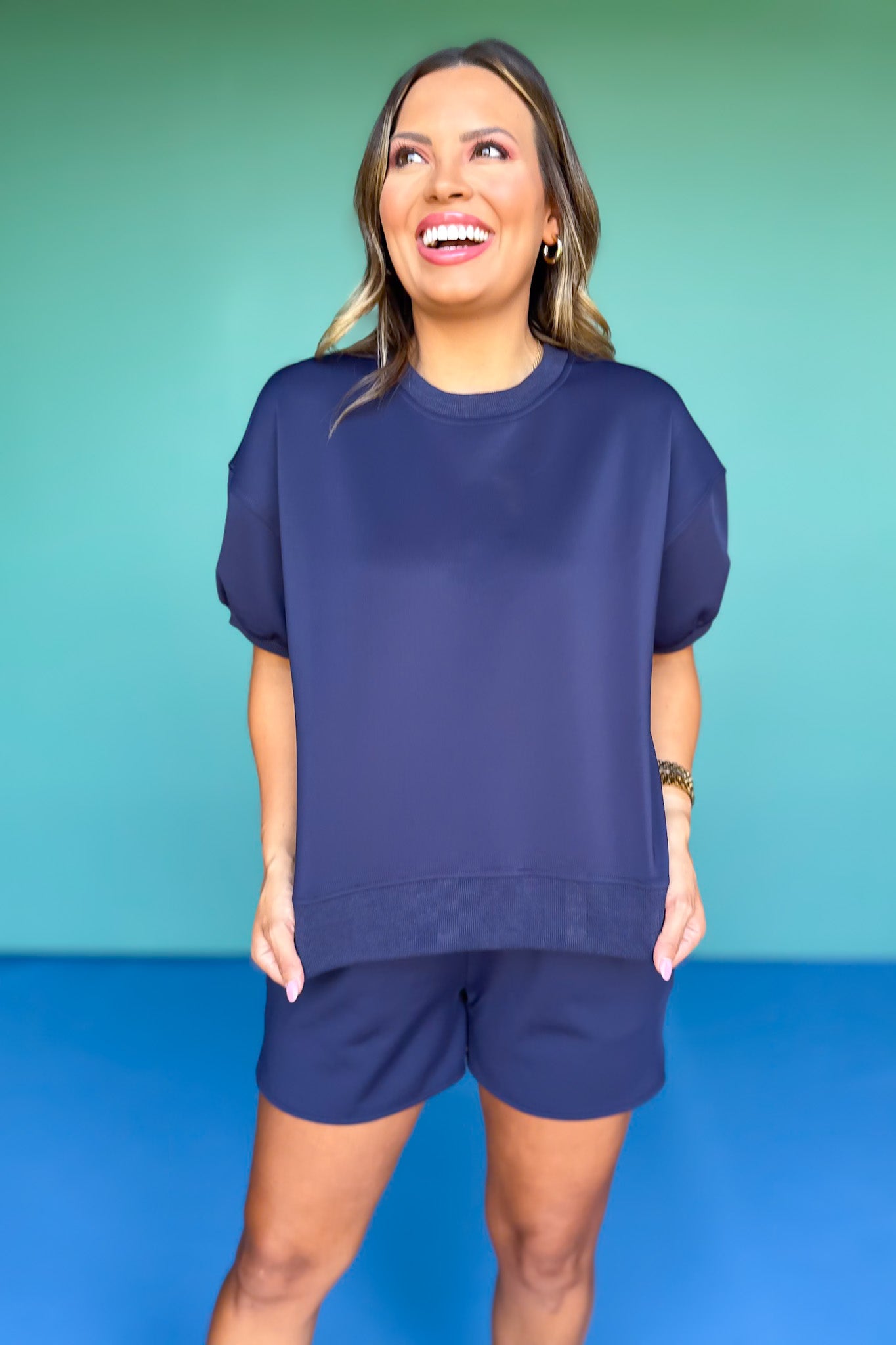 SSYS Crew Neck Scuba Inset Short Sleeve Top In Navy