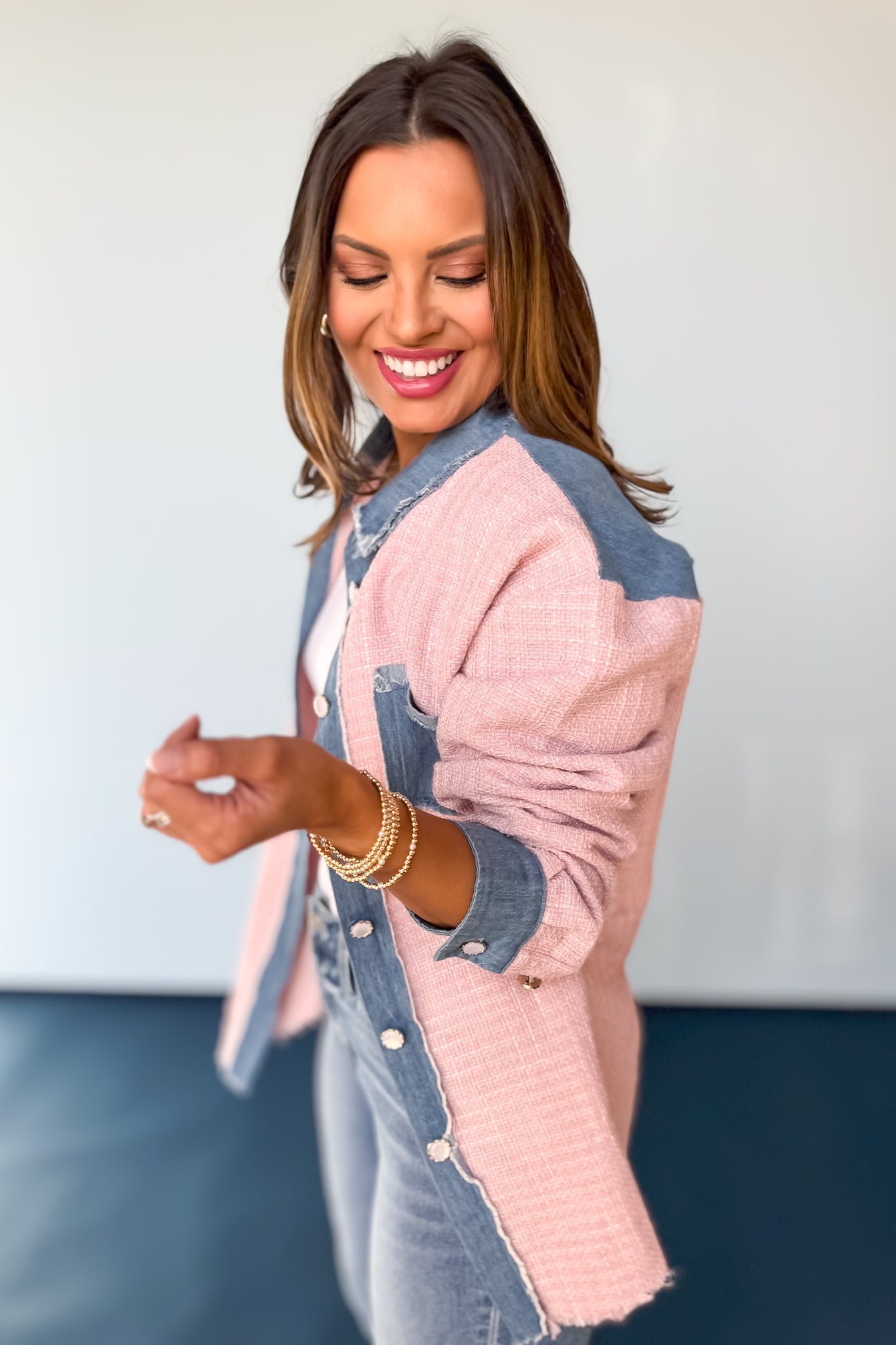 Pink Plaid Denim Contrast Unfinished Hem Shacket *FINAL SALE*