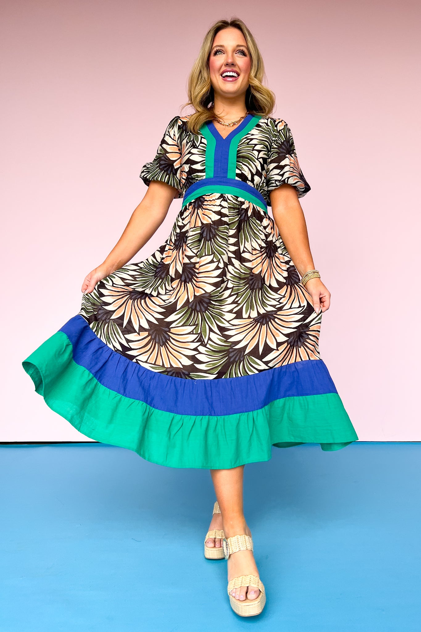 Black Palm Print Contrast Colorblock Midi Dress *FINAL SALE*