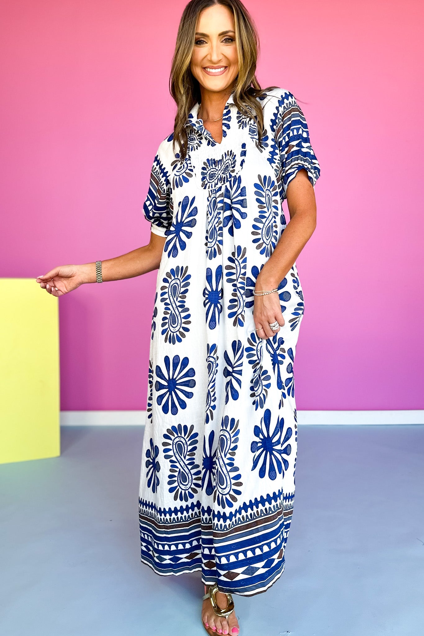 Navy Printed Smocked Yoke Balloon Sleeve Midi Dress