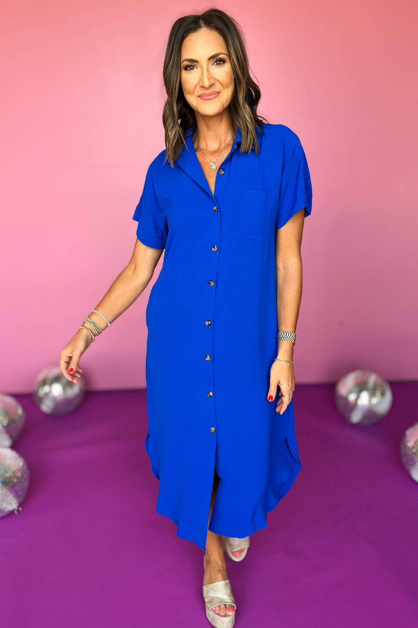 Royal Collared Button Down Short Kimono Sleeve Curved Hemline Midi Dress, must have dress, must have style, weekend style, brunch style, fall fashion, elevated style, elevated style, mom style, shop style your senses by mallory fitzsimmons, ssys by mallory fitzsimmons