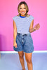 Blue Striped Knit Shoulder Pleat Button Detail Top *FINAL SALE*