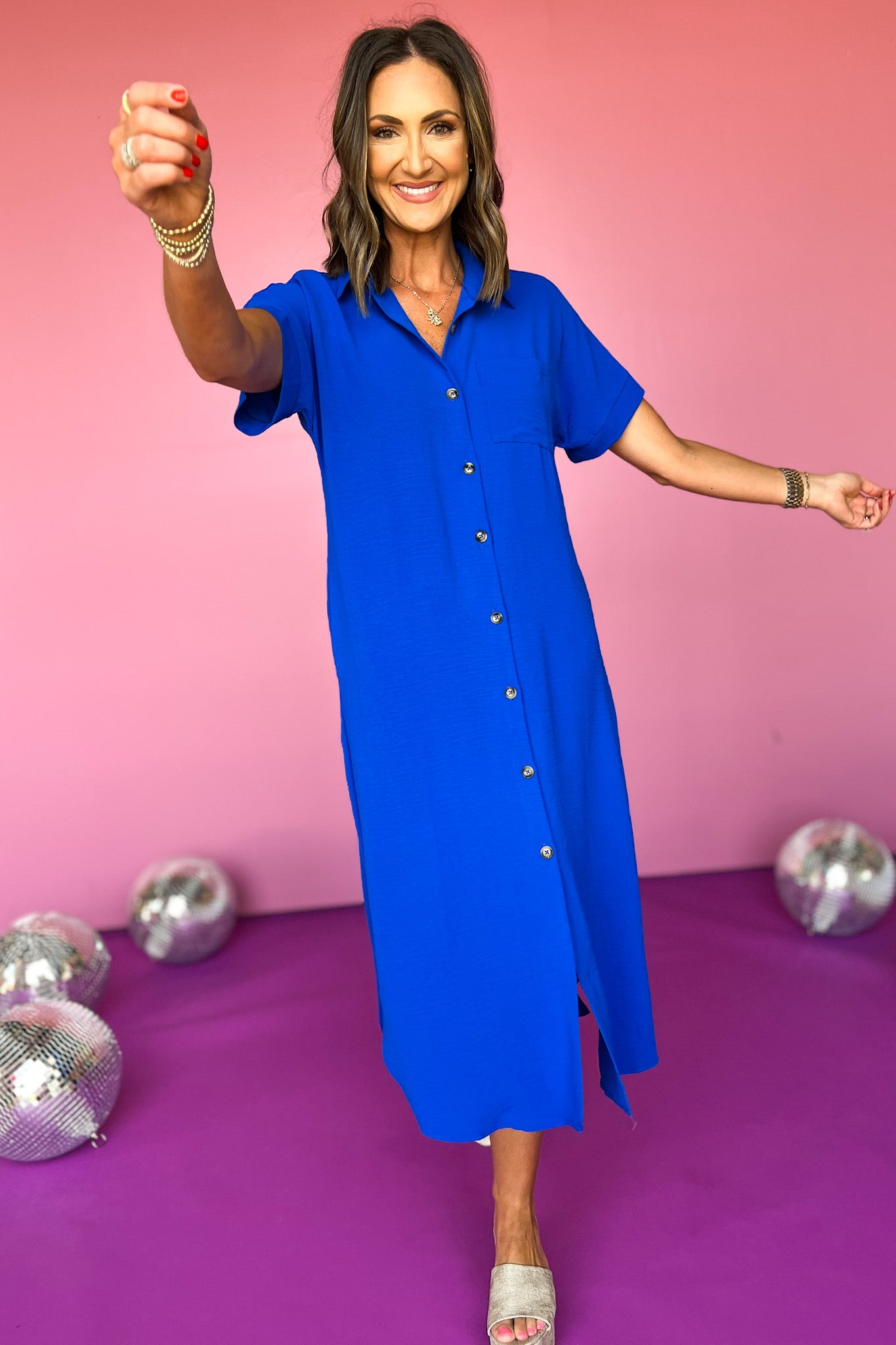 Royal Collared Button Down Short Kimono Sleeve Curved Hemline Midi Dress, must have dress, must have style, weekend style, brunch style, fall fashion, elevated style, elevated style, mom style, shop style your senses by mallory fitzsimmons, ssys by mallory fitzsimmons