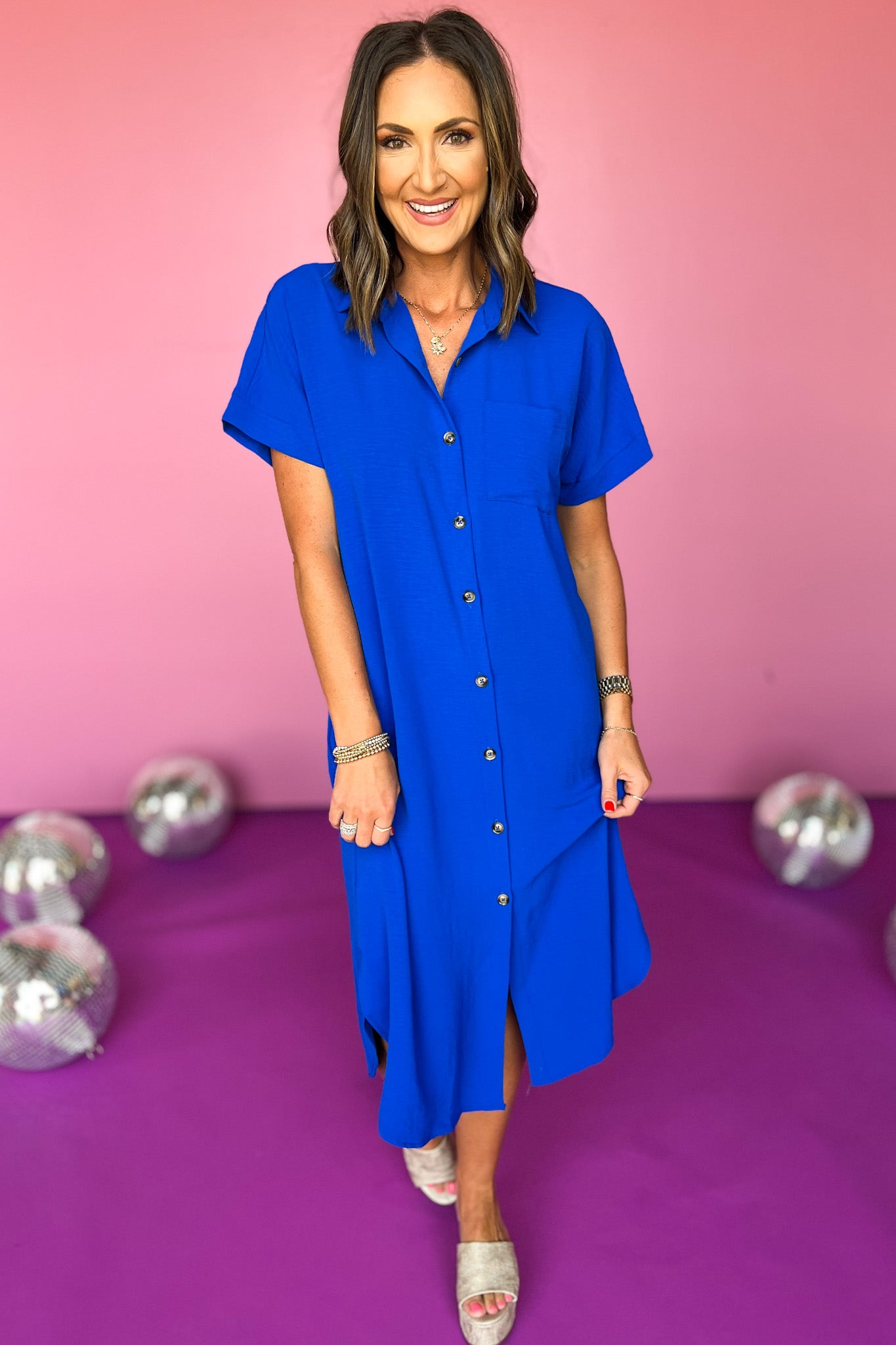 Royal Collared Button Down Short Kimono Sleeve Curved Hemline Midi Dress, must have dress, must have style, weekend style, brunch style, fall fashion, elevated style, elevated style, mom style, shop style your senses by mallory fitzsimmons, ssys by mallory fitzsimmons
