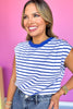 Blue Striped Knit Shoulder Pleat Button Detail Top *FINAL SALE*