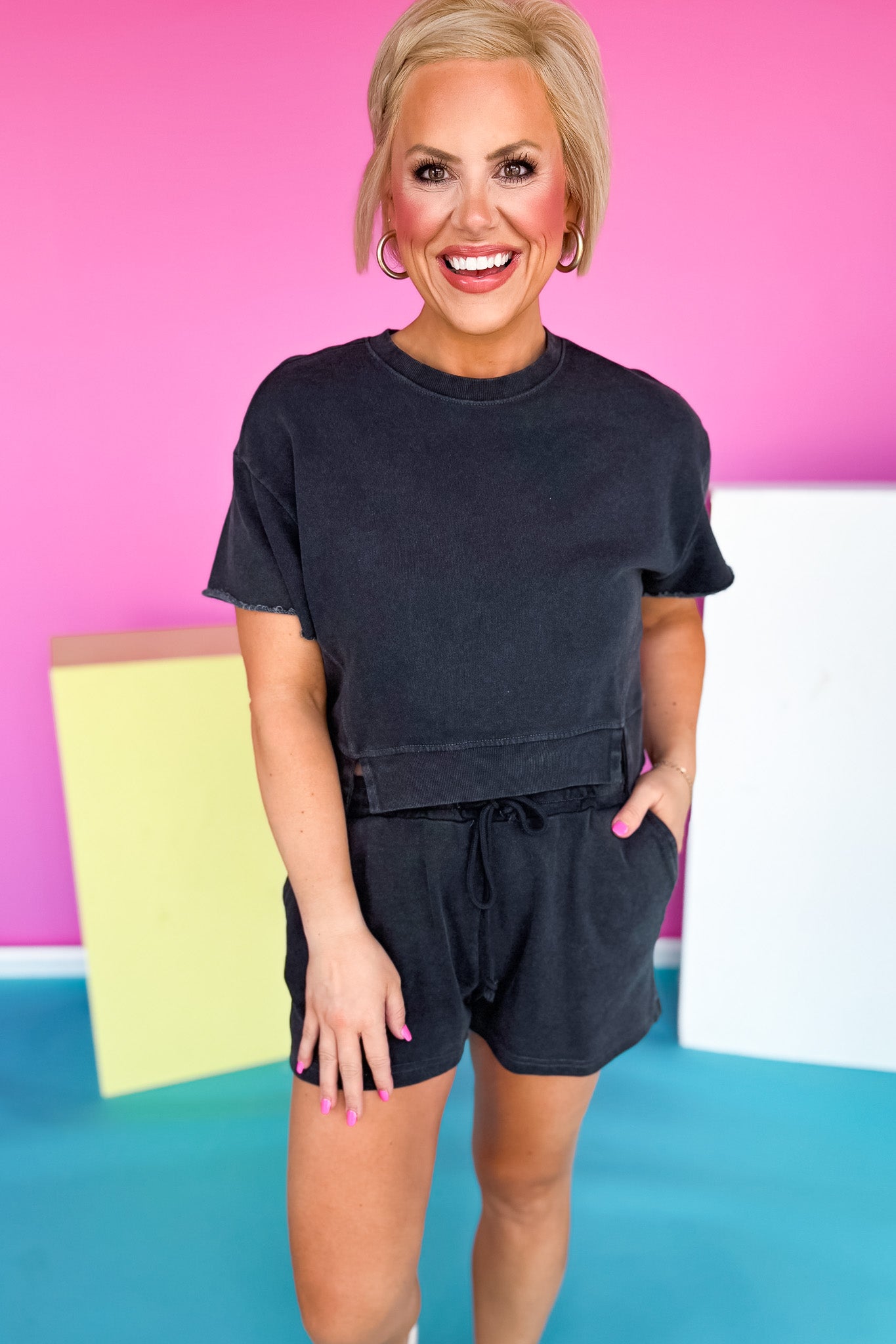Black Short Sleeve Slit Front Drawstring Waist Shorts Set *FINAL SALE*