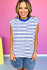 Blue Striped Knit Shoulder Pleat Button Detail Top *FINAL SALE*