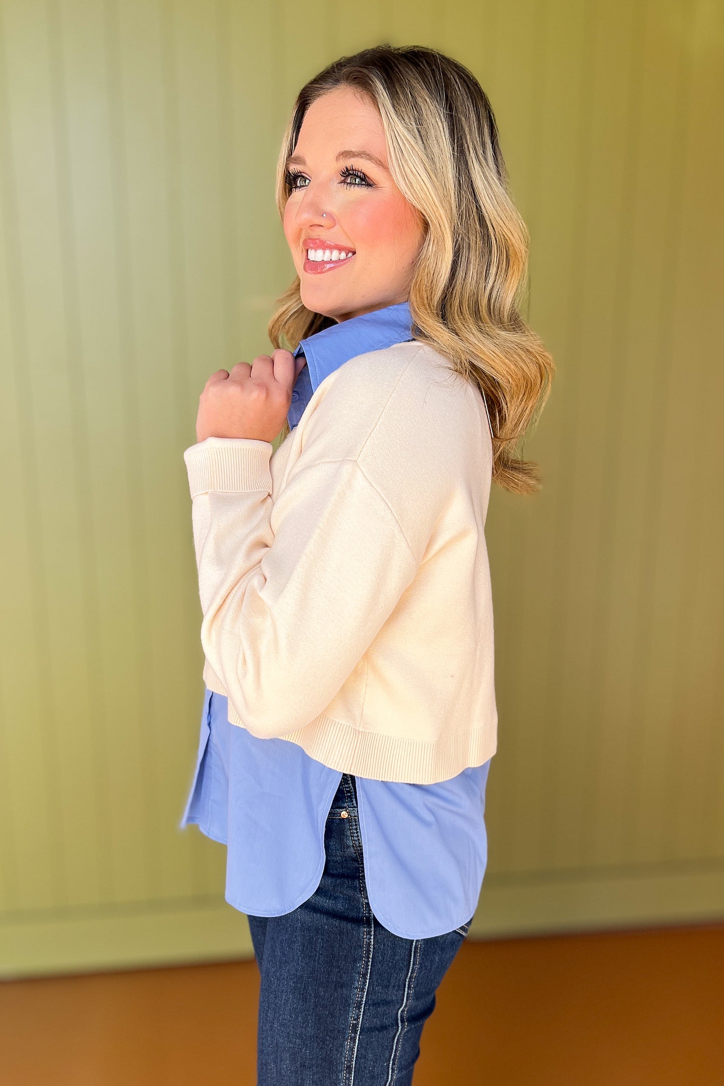 Cream Solid Knit Collared Long Sleeve Twofer Top *FINAL SALE*