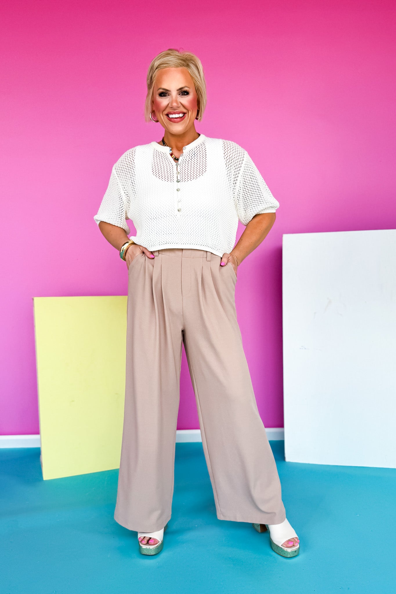Taupe Waffle Knit High Waist Pleat Front Wide Leg Pants *FINAL SALE*