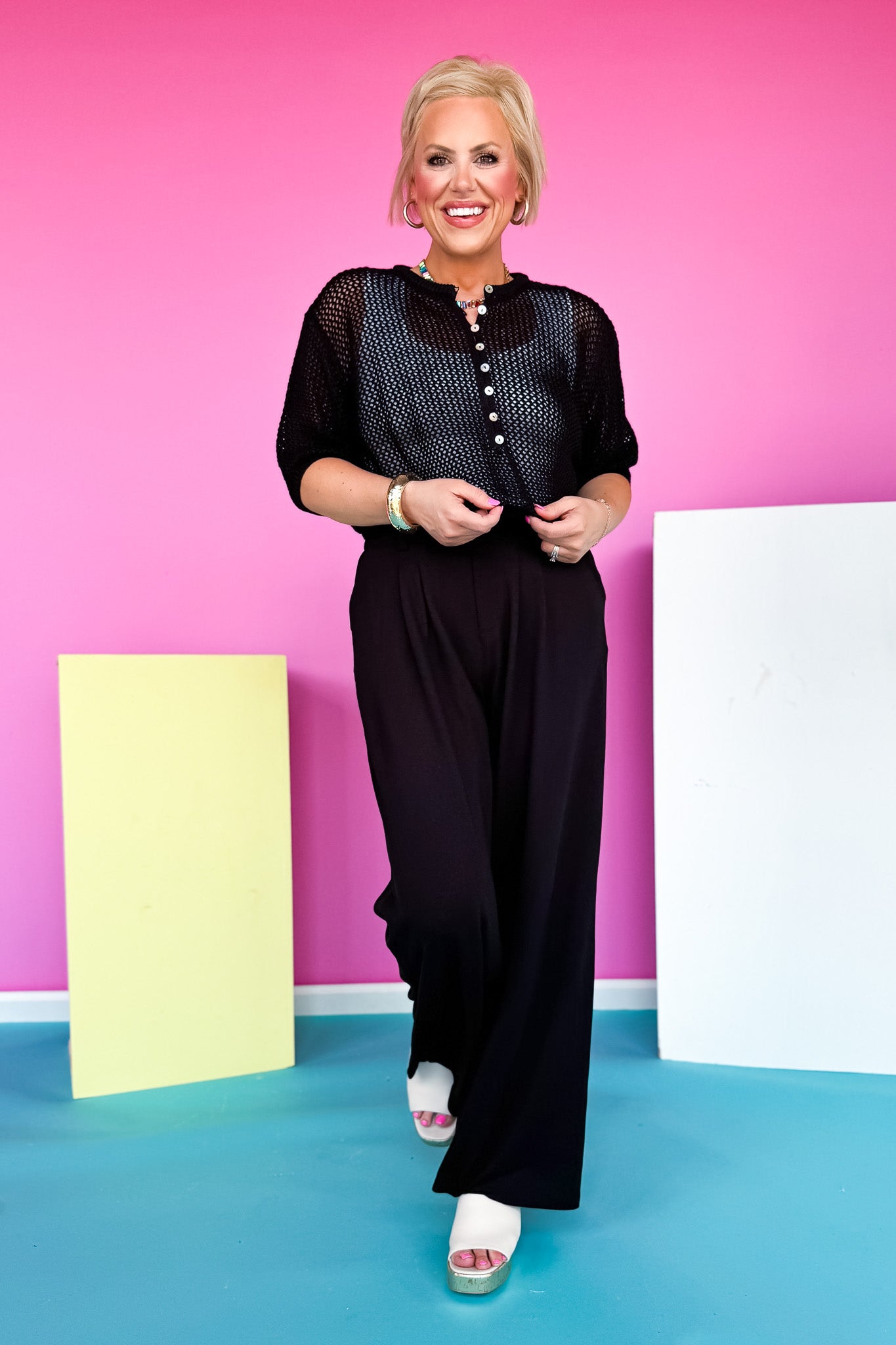 Black Waffle Knit High Waist Pleat Front Wide Leg Pants *FINAL SALE*