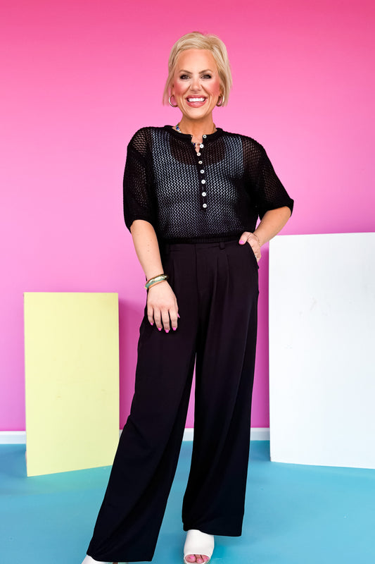 Black Waffle Knit High Waist Pleat Front Wide Leg Pants *FINAL SALE*