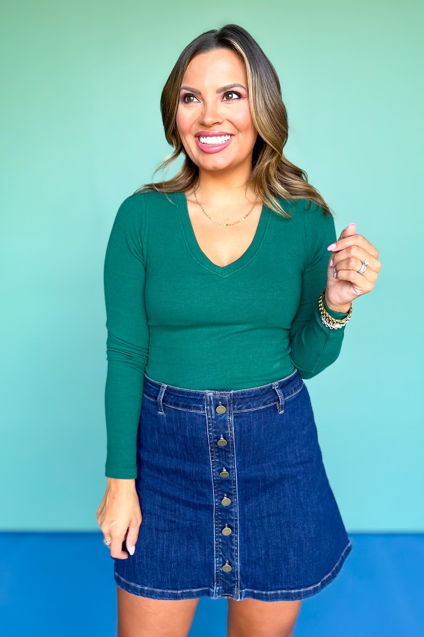 SSYS Ribbed V Neck Long Sleeve Top In Hunter