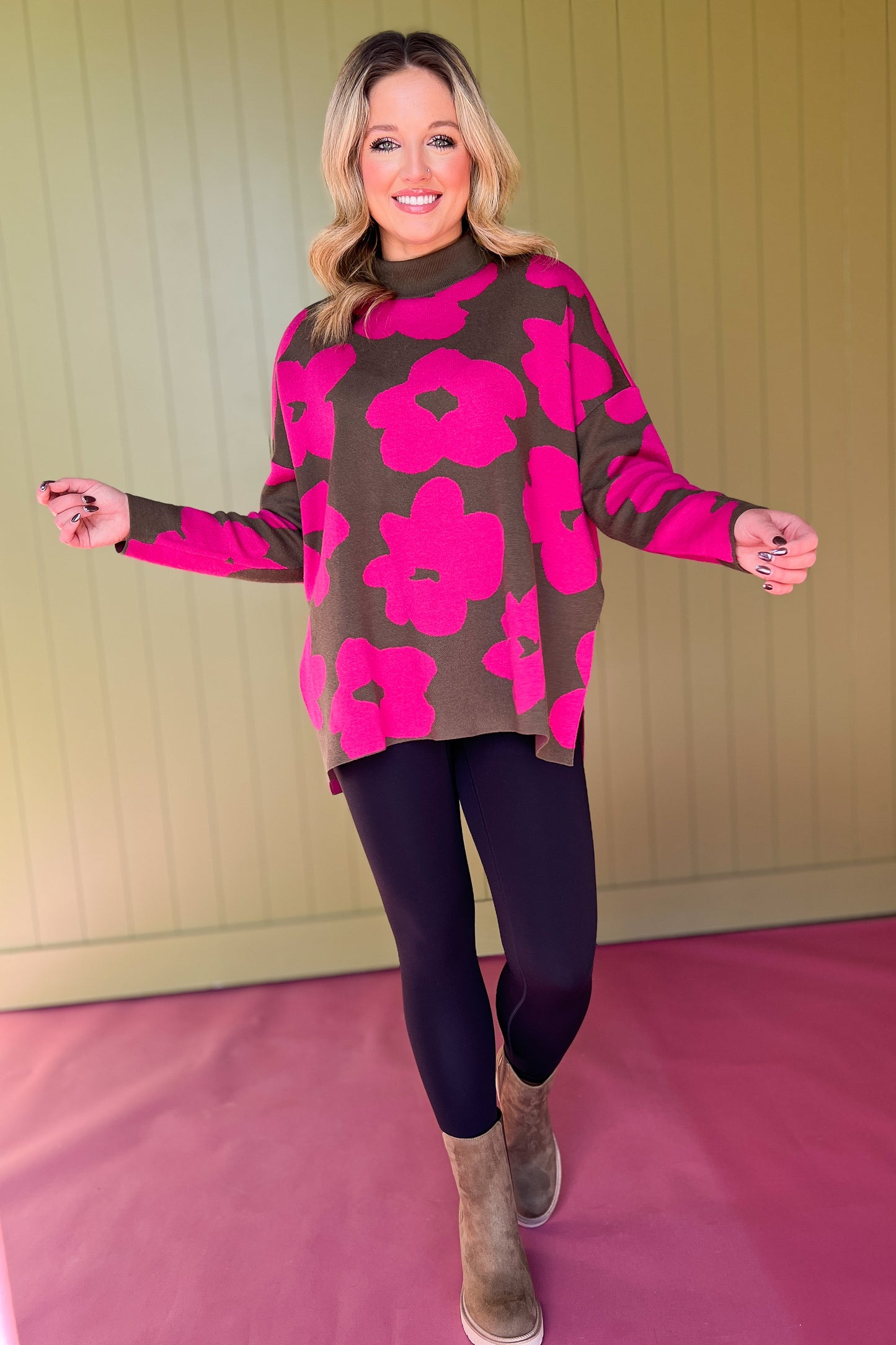 Olive Flower Print Knit Ribbed Mock Neck Side Slit Pullover Top *FINAL SALE*