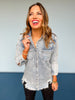 Risen Denim Distressed Collared Button Down Front Pocket Top, must have denim top, must have fall top, elevated basics, must have chic top, chic denim top, trendy denim top, ssys by mallory Fitzsimmons