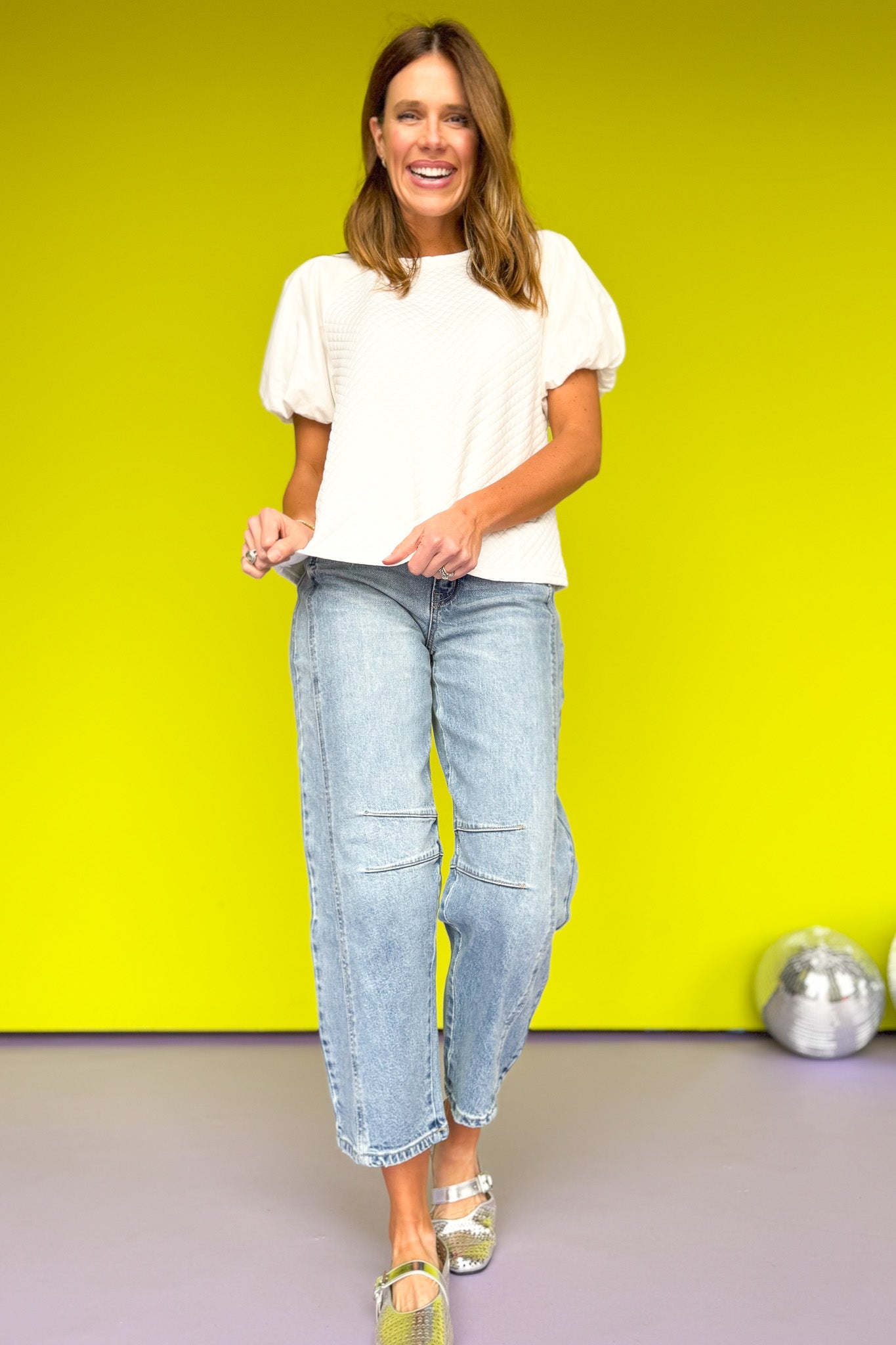 Off White Quilted Bodice Poplin Bubble Short Sleeve Top *FINAL SALE*