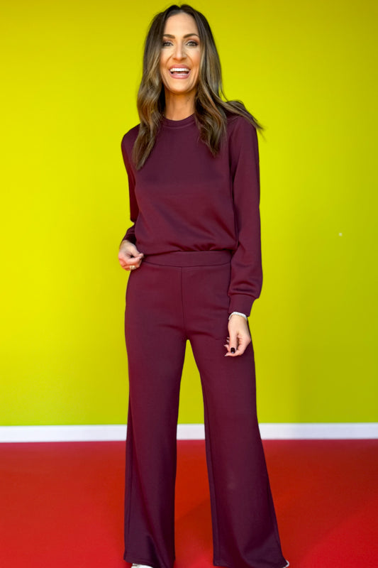 SSYS Flat Front Air Wide Leg Pants In Maroon