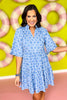 SSYS Eliza Bell Sleeve Dress In Cornflower Blue Lattice, geometric pattern, flowy, spring dress, exclusive design, ssys by mallory fitzsimmons