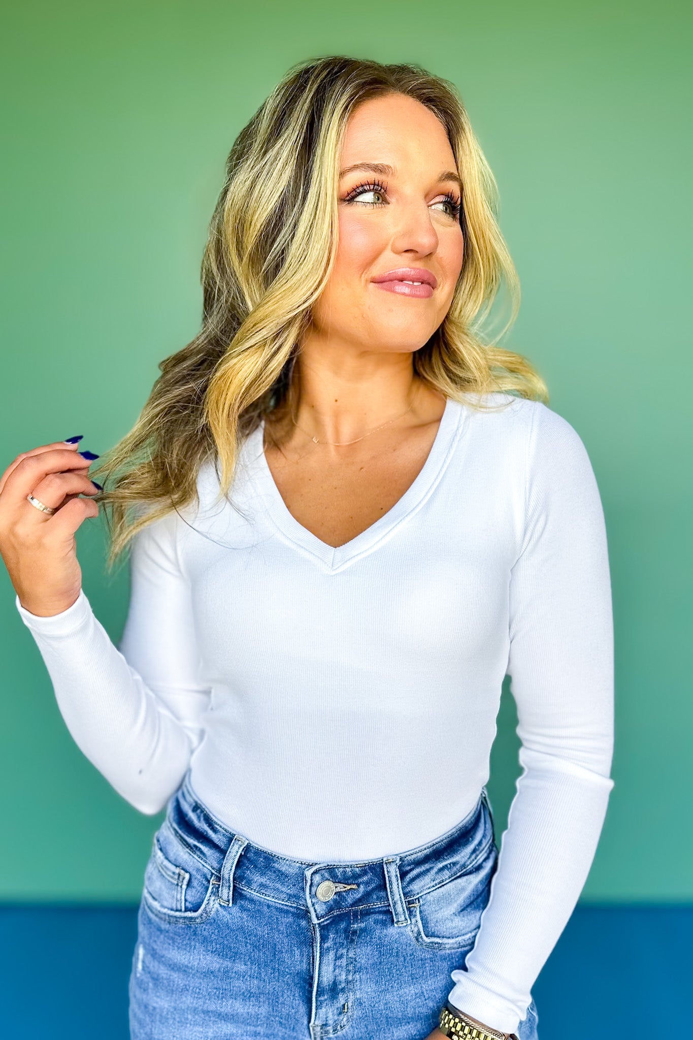 SSYS Ribbed V Neck Long Sleeve Top In White