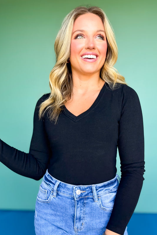 SSYS Ribbed V Neck Long Sleeve Top In Black