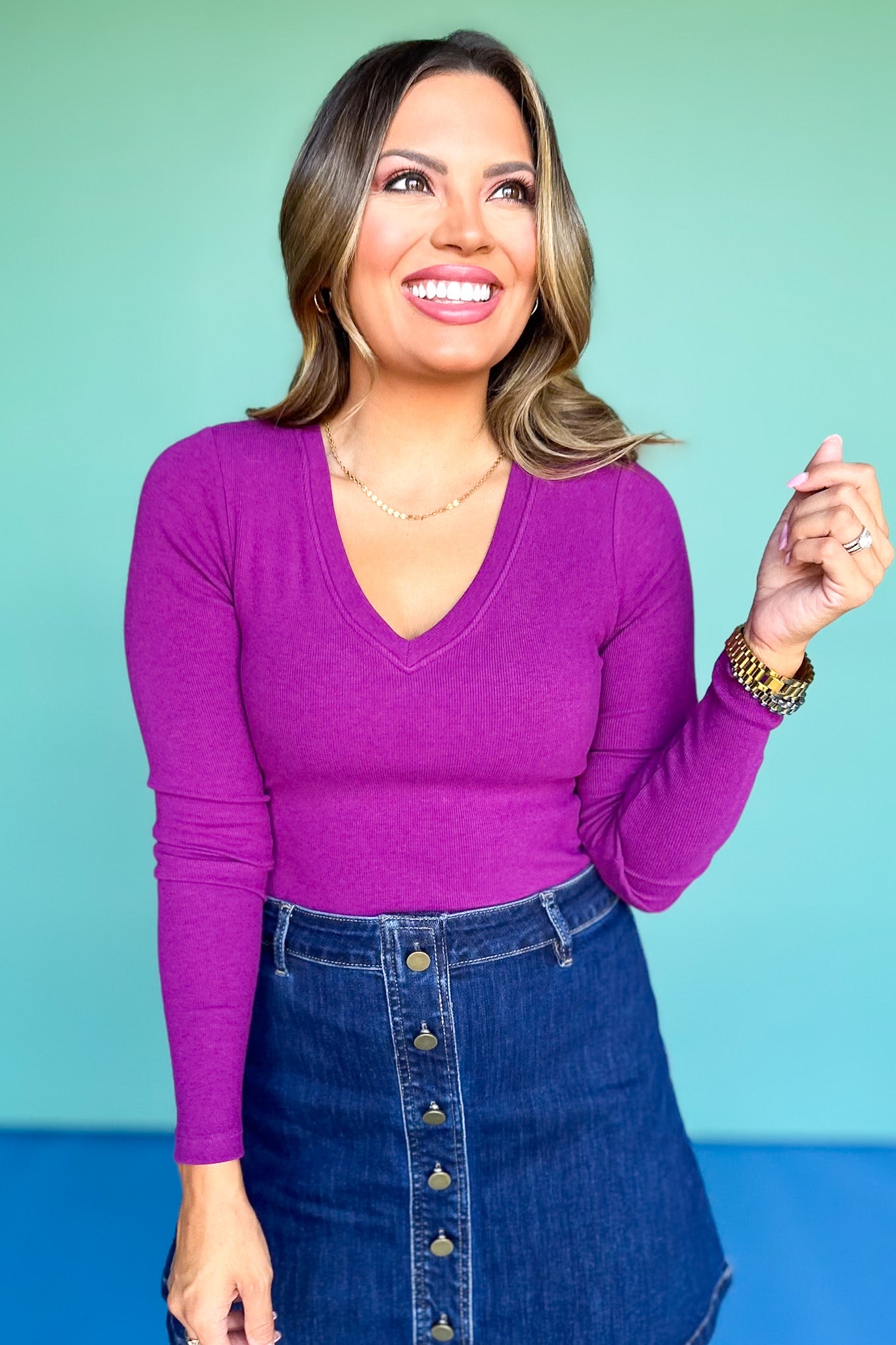 SSYS Ribbed V Neck Long Sleeve Top In Orchid