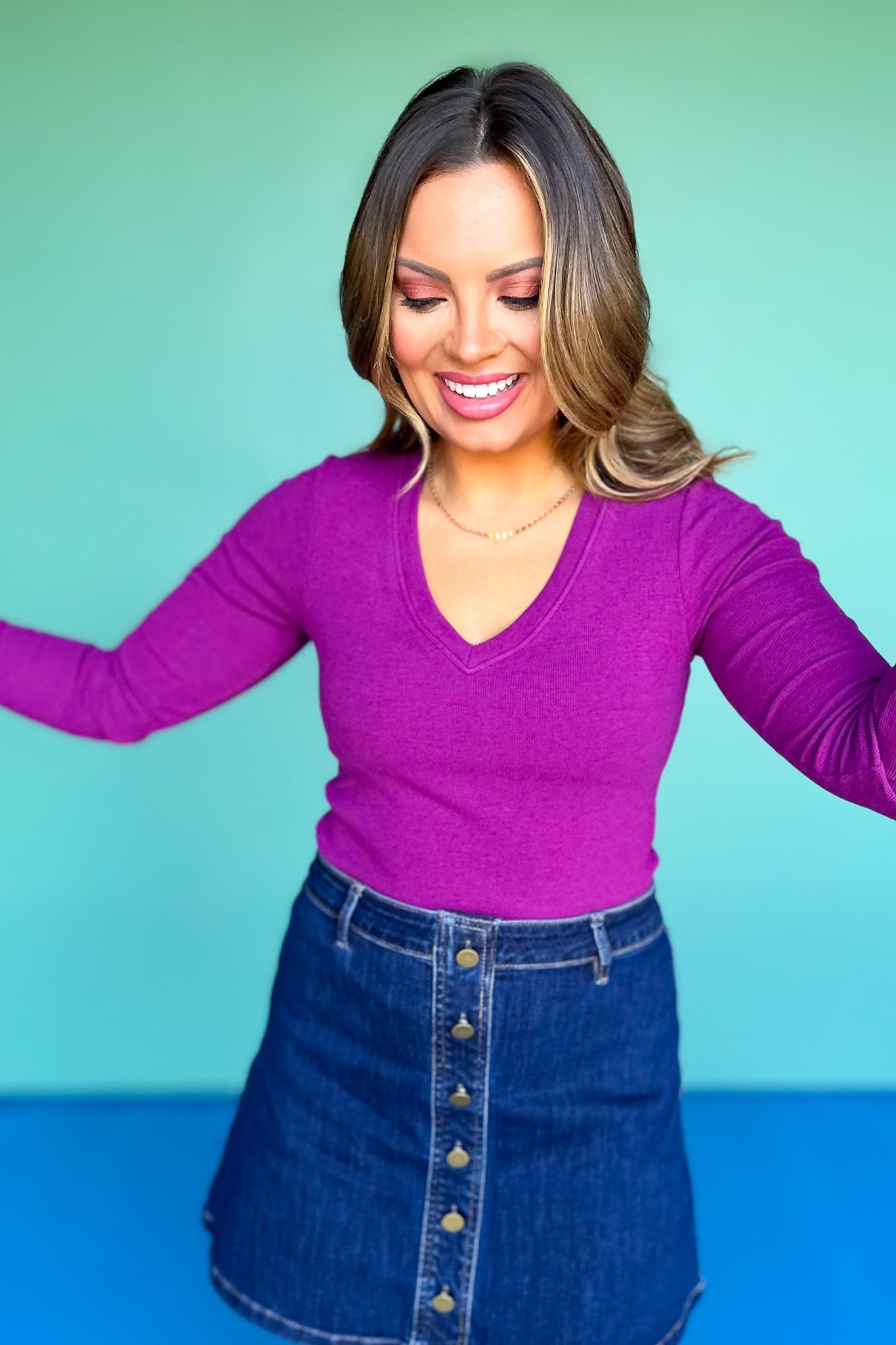 SSYS Ribbed V Neck Long Sleeve Top In Orchid