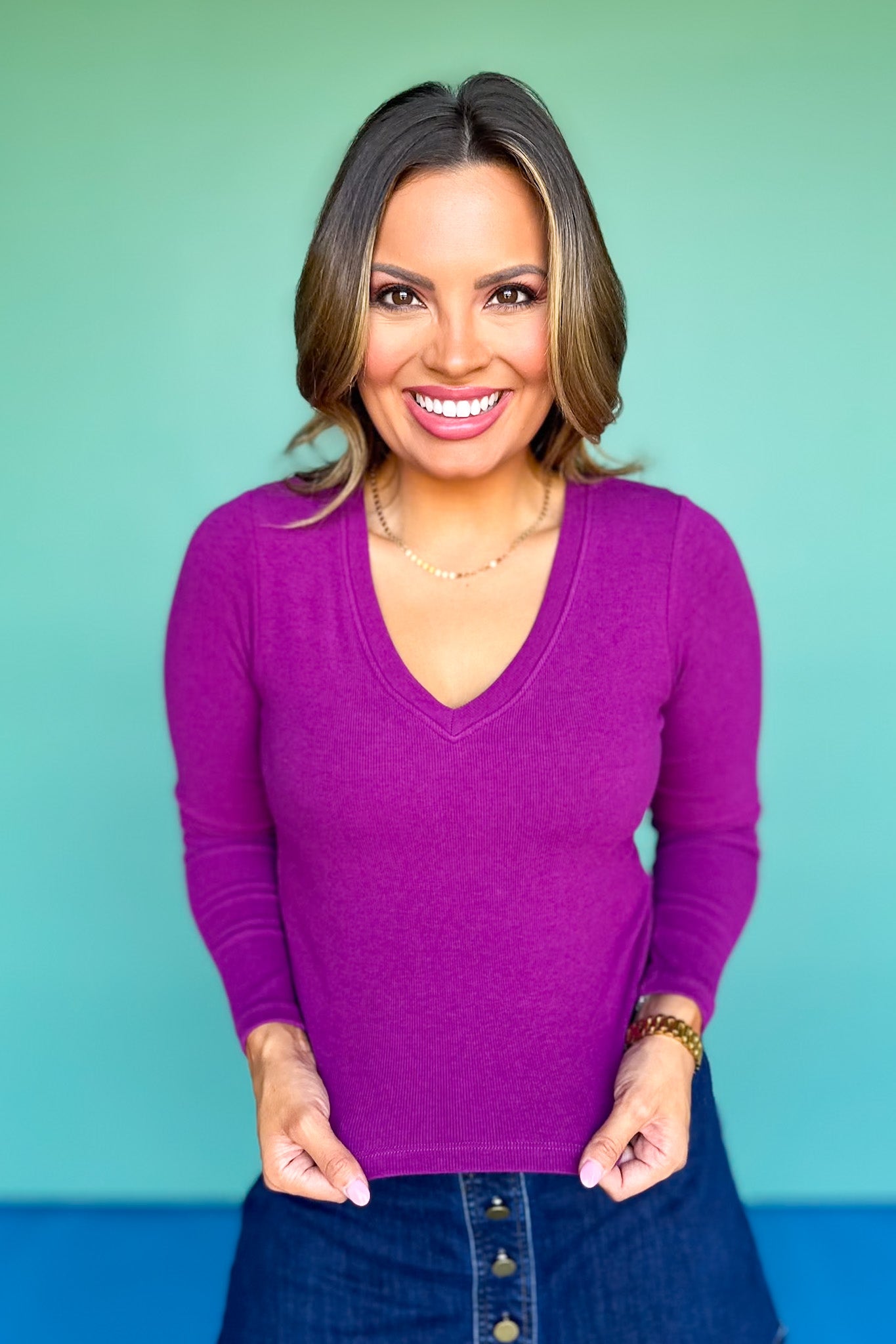 SSYS Ribbed V Neck Long Sleeve Top In Orchid