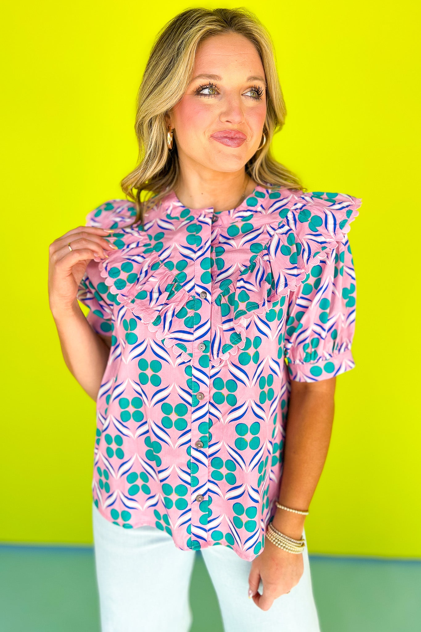 Pink Abstract Print Scallop Trim Yoke Ruffle Top, ssys by mallory fitzsimmons