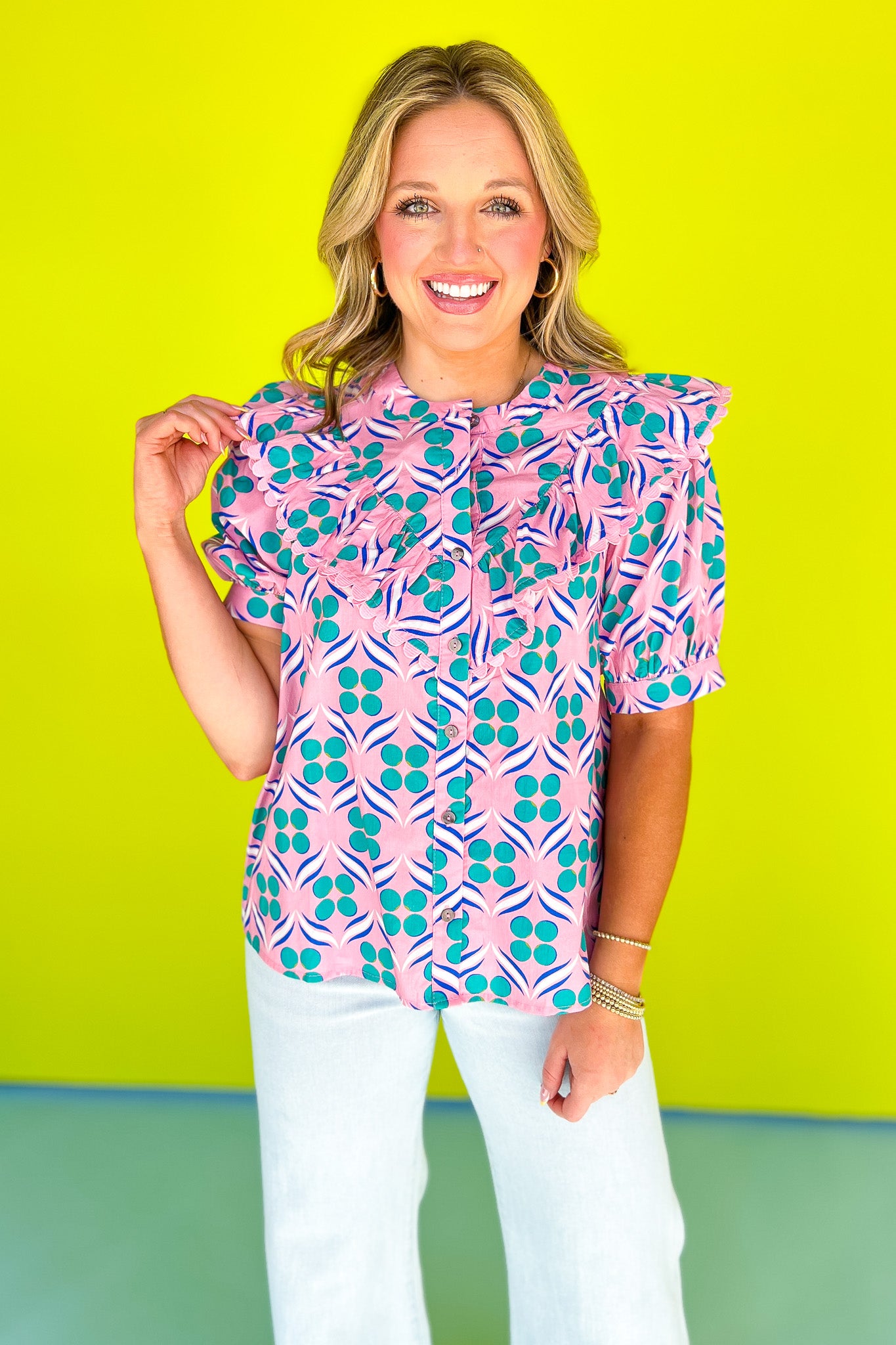 Pink Abstract Print Scallop Trim Yoke Ruffle Top, ssys by mallory fitzsimmons