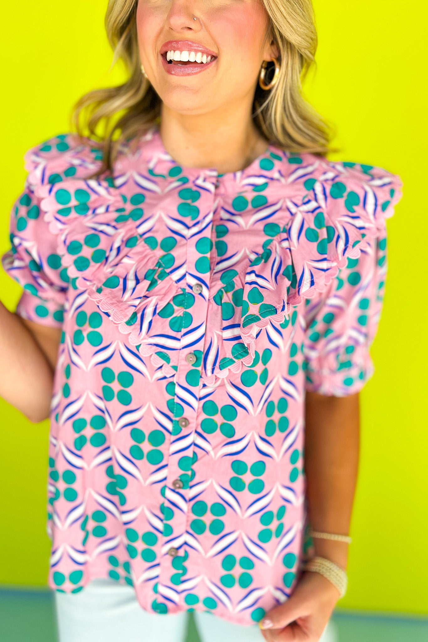 Pink Abstract Print Scallop Trim Yoke Ruffle Top, ssys by mallory fitzsimmons