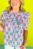 Pink Abstract Print Scallop Trim Yoke Ruffle Top, ssys by mallory fitzsimmons