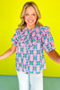 Pink Abstract Print Scallop Trim Yoke Ruffle Top, ssys by mallory fitzsimmons