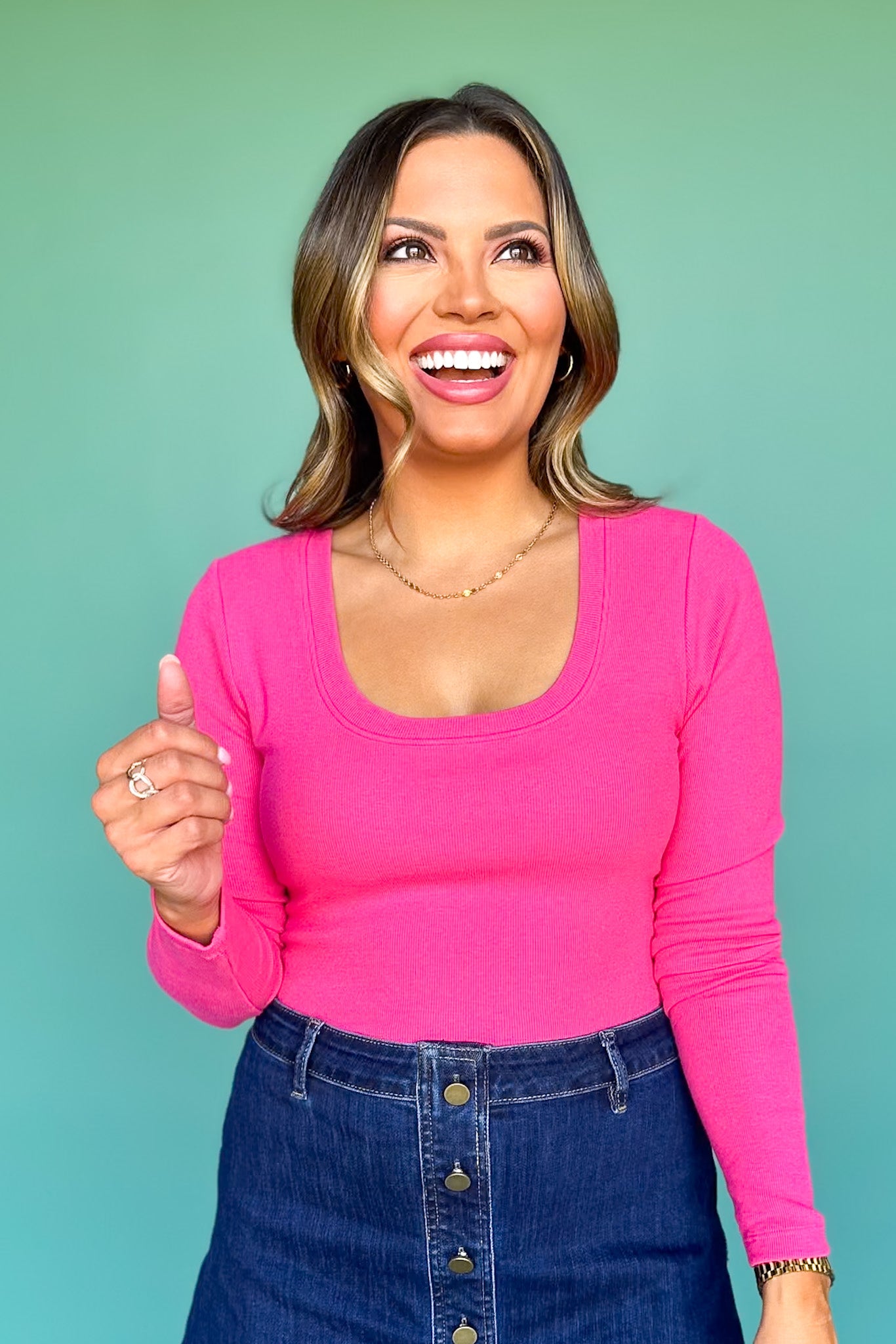 SSYS Ribbed U Neck Long Sleeve Top In Hot Pink