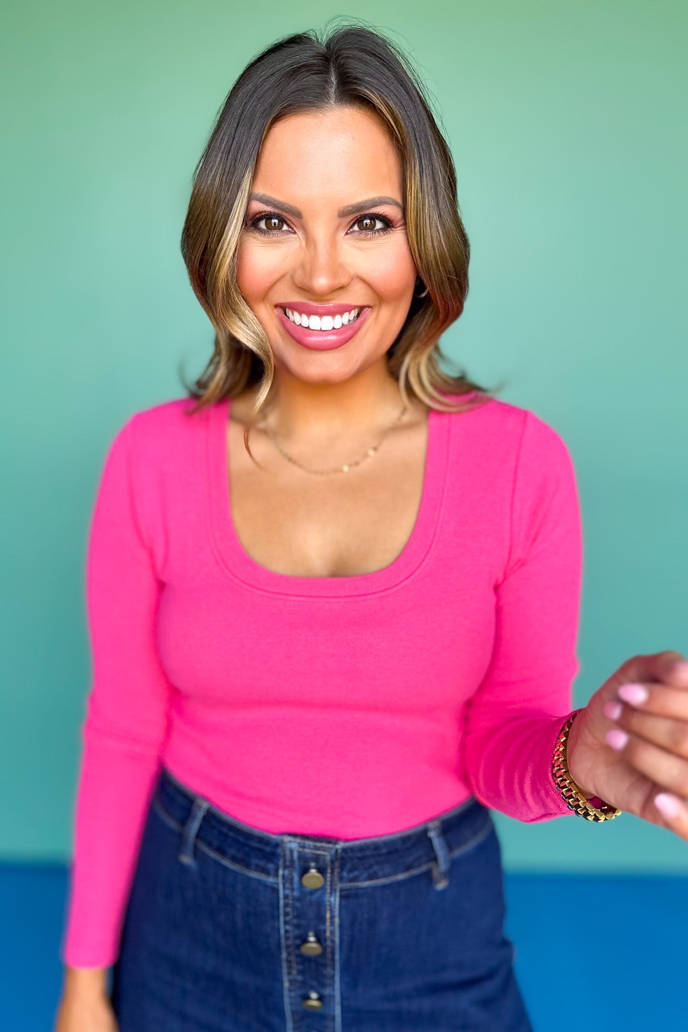 SSYS Ribbed U Neck Long Sleeve Top In Hot Pink