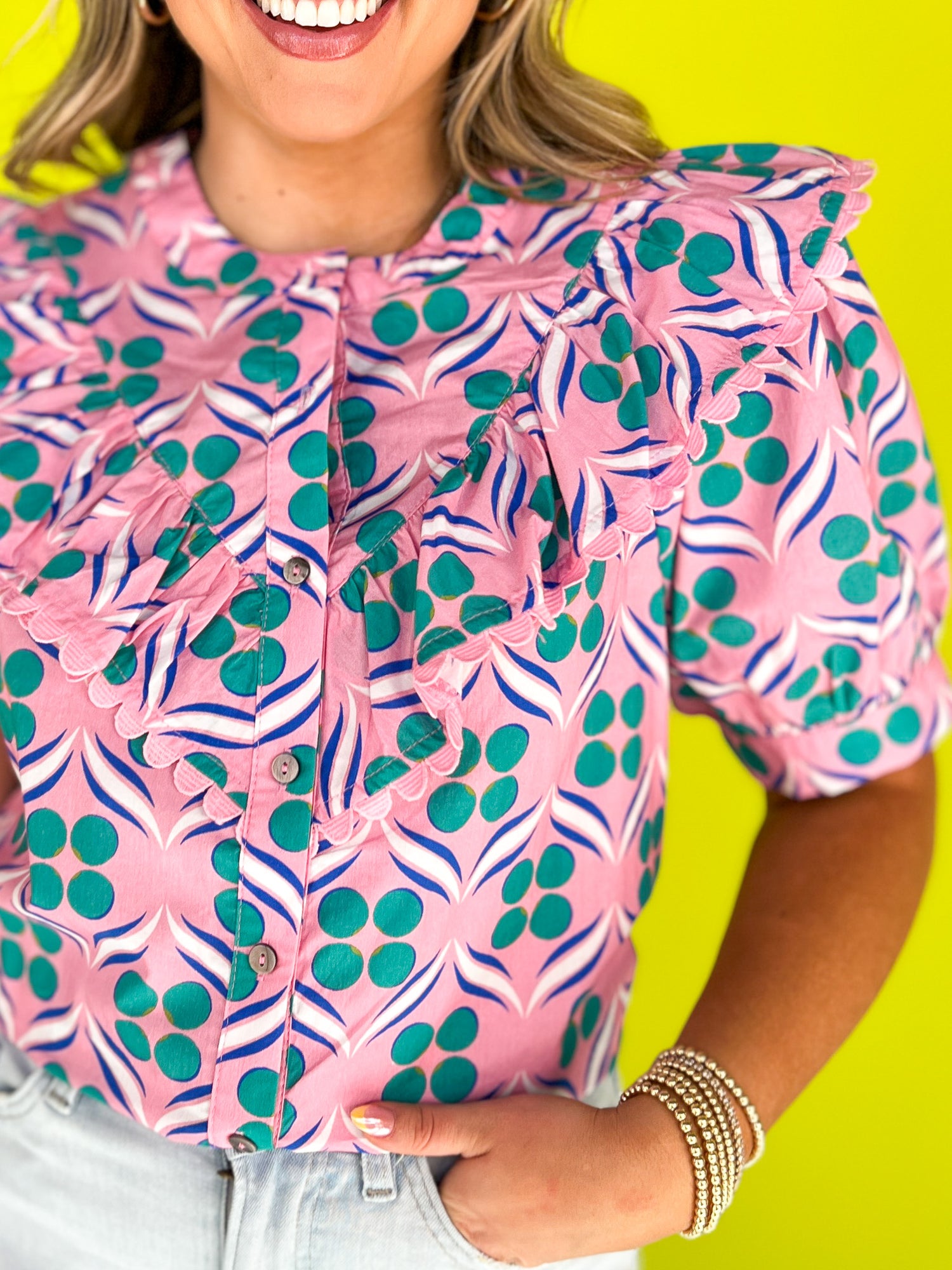 Pink Abstract Print Scallop Trim Yoke Ruffle Top, ssys by mallory fitzsimmons