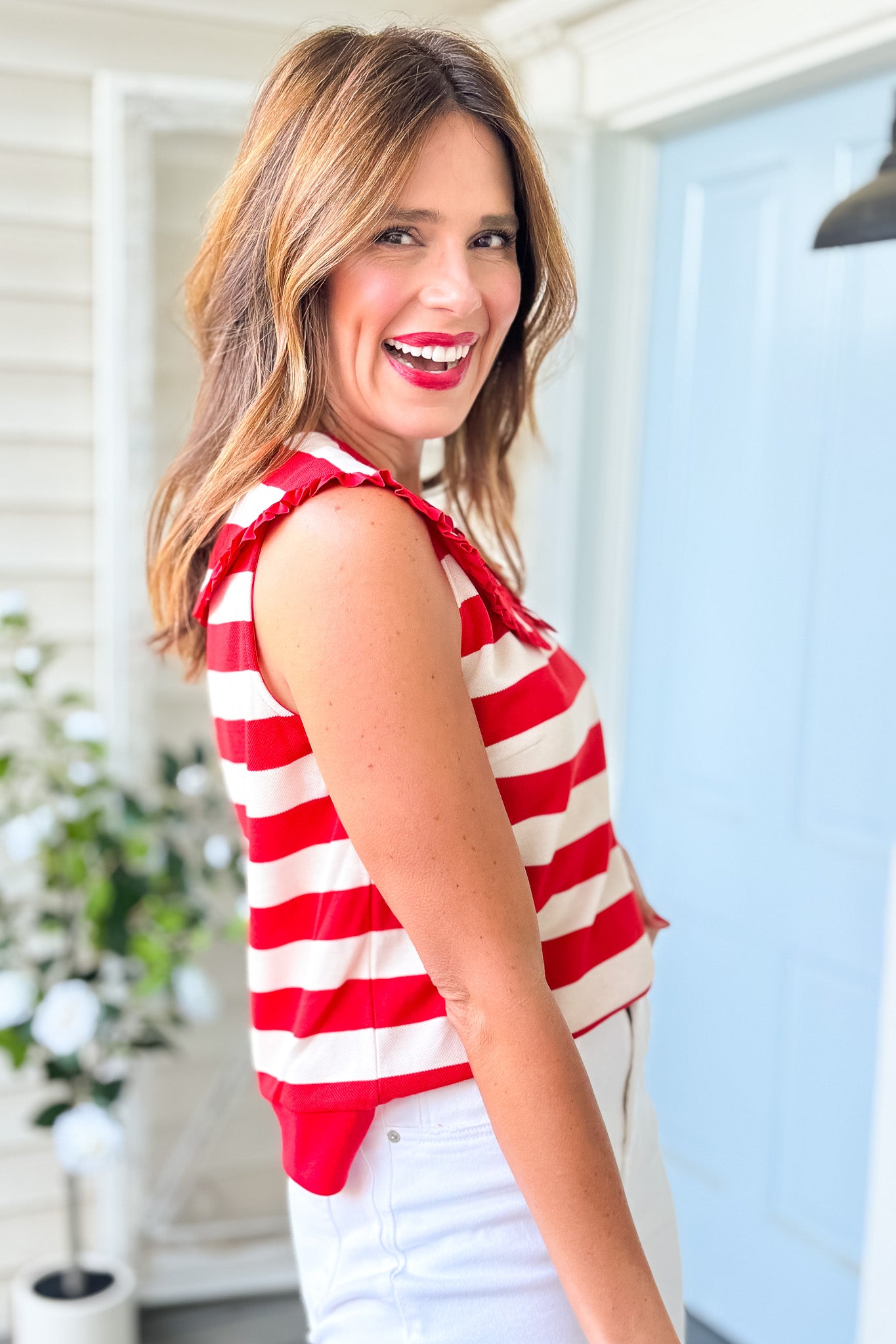 SSYS Sleeveless Pippa Striped Peter Pan Collar Top In Red, must have piece, ssys design, elevated, easy to wear, summer essential, ssys by mallory fitzsimmons