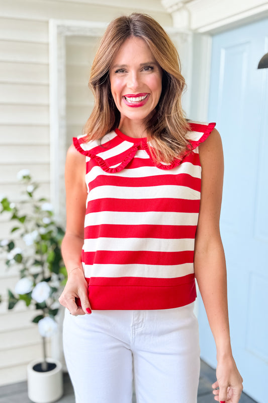SSYS Sleeveless Pippa Striped Peter Pan Collar Top In Red, must have piece, ssys design, elevated, easy to wear, summer essential, ssys by mallory fitzsimmons