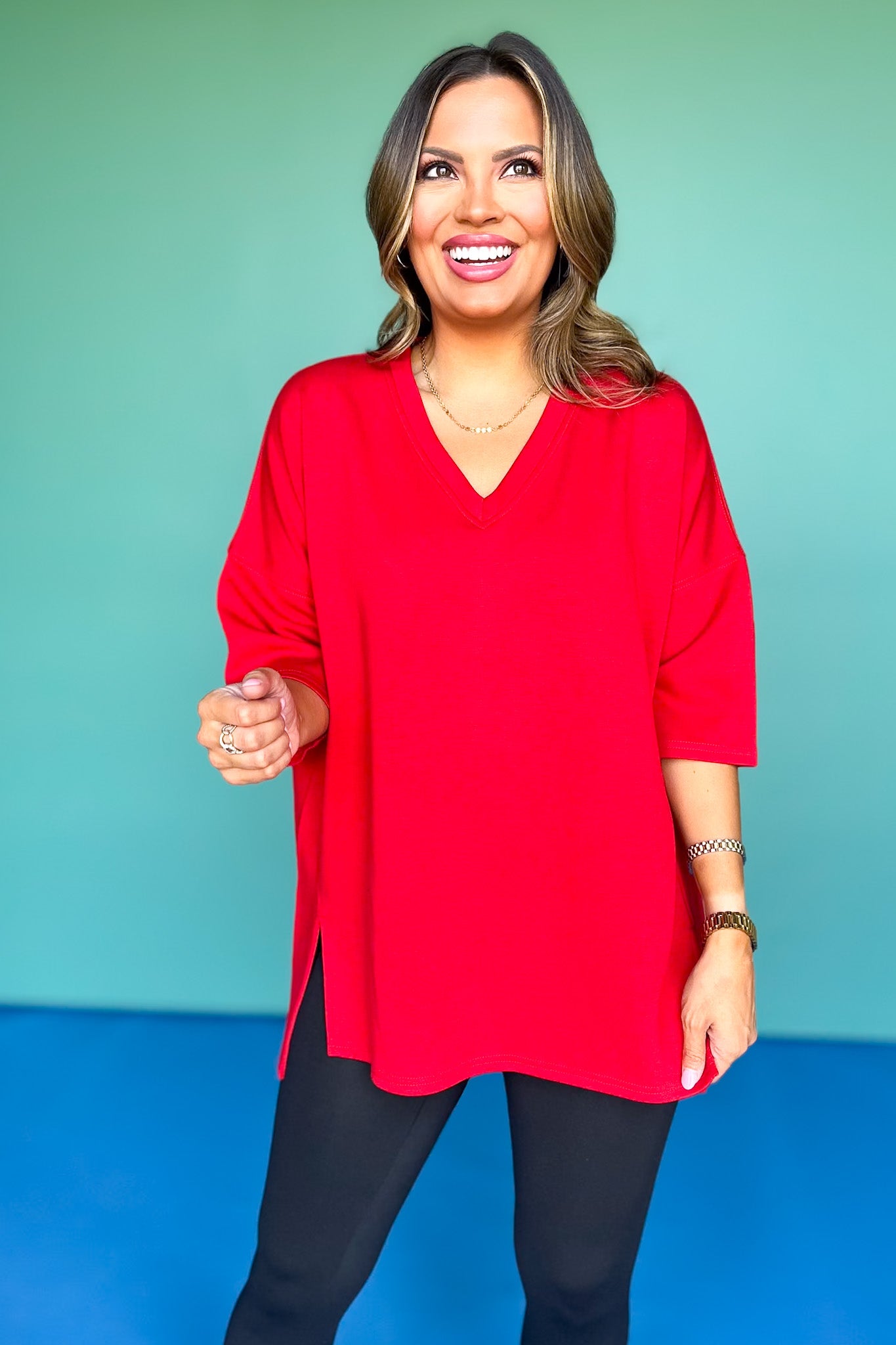 SSYS Signature Red V Neck Lightweight Air Tent Top