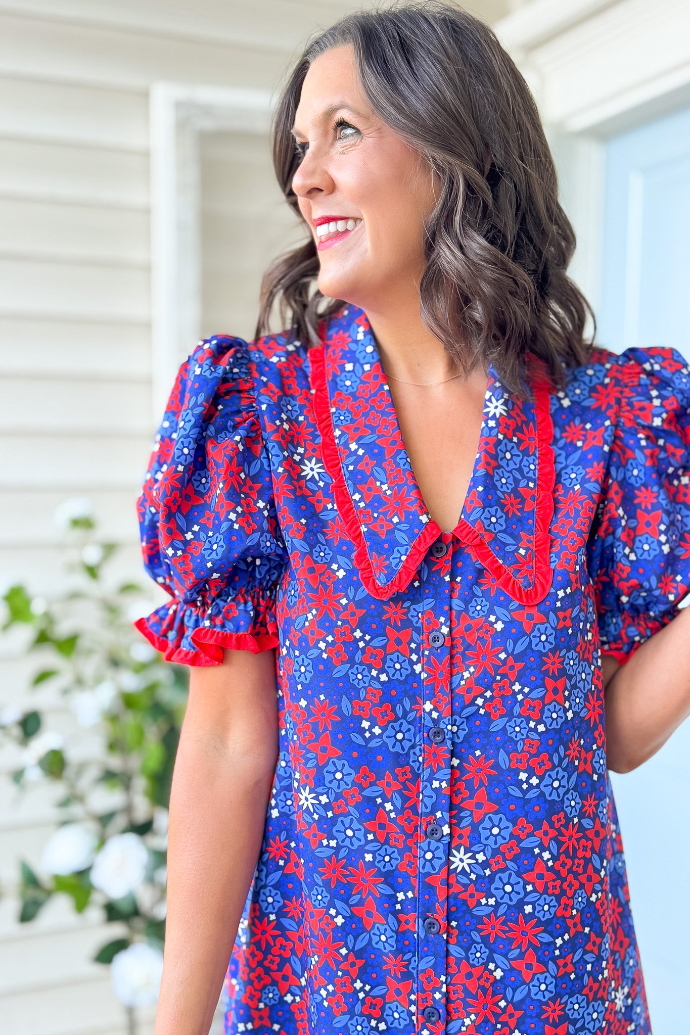 SSYS Gemma Peter Pan Collared Dress In Royal Red Ditsy Floral