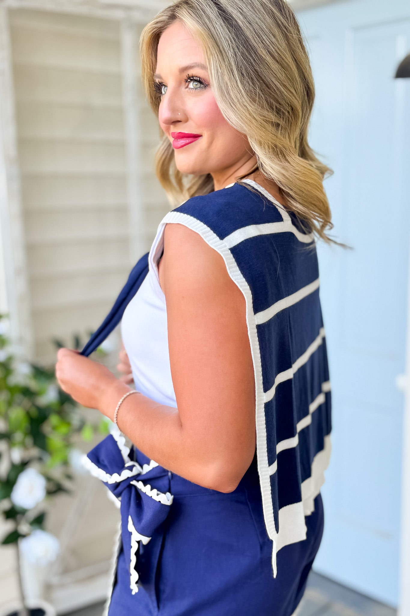 SSYS Polly Over The Shoulder Sweater In Navy White Stripes, elevated design, ssys exclusive, easy to wear, updated piece, ssys by mallory fitzsimmons