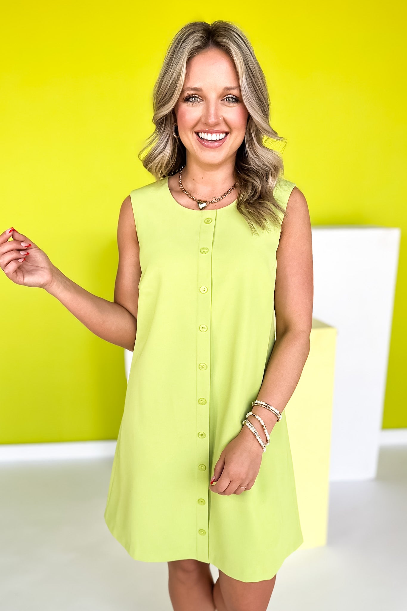 SSYS Jules Shift Faux Button Dress In Lime