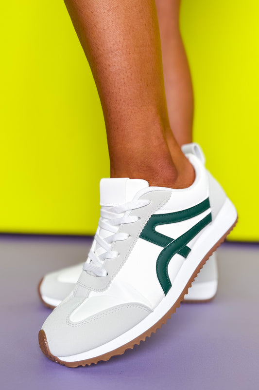 Green Spiked Sole Sneakers, grey detail, brown sole, white shoe laces, green design, comfy, casual sneakers, everyday wear, ssys by mallory fitzsimmons