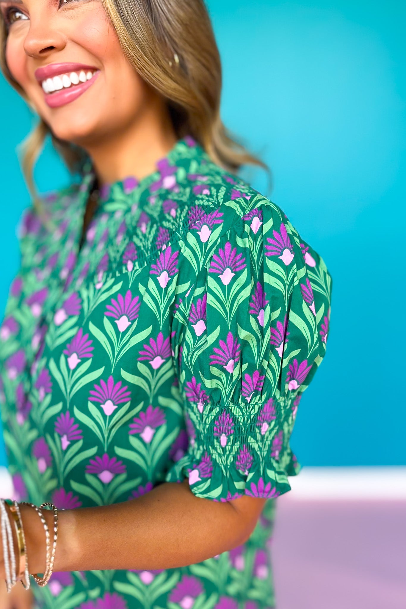 SSYS Maren Smocked Short Sleeve Dress In Green Tulip